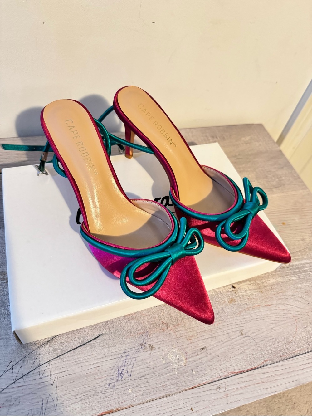 Cape Robbin Fuchsia Satin Pointed Heels with Teal Bow Accent
